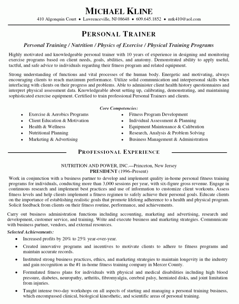 professional personal trainer resume 