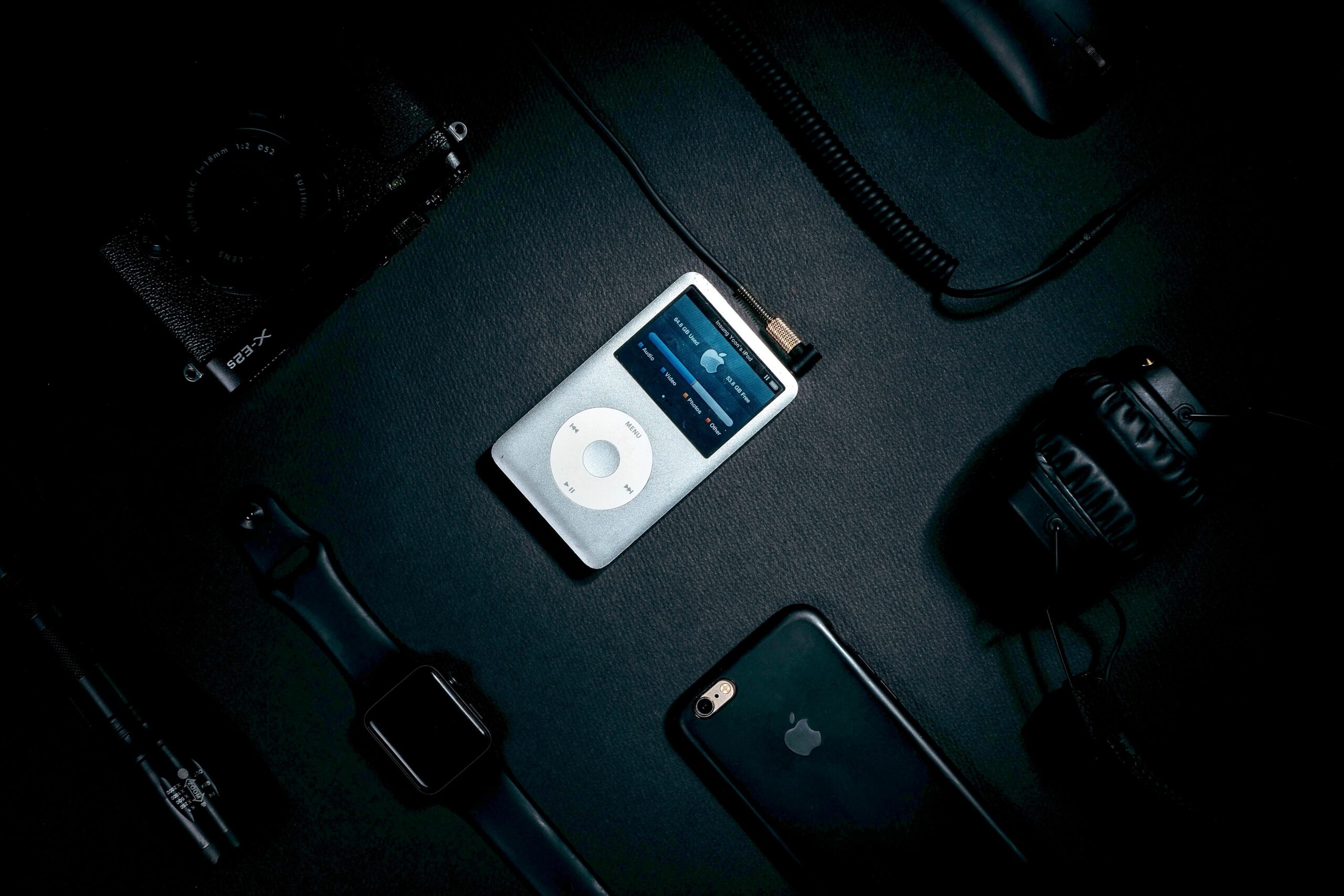 ipod in the middle of other gadgets and personal accessories